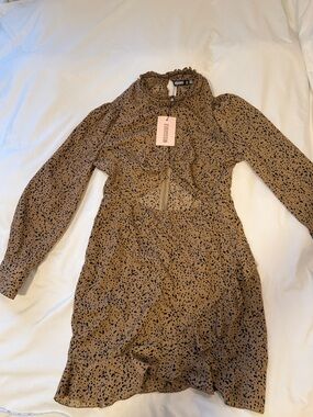 Missguided Tan and Black Spotted Ruffle Neck Dress